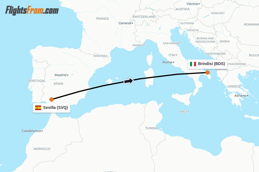 Flights from Sevilla to Brindisi route map
