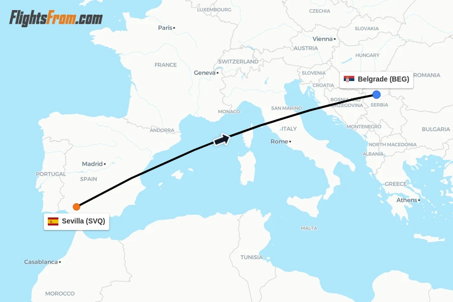 Flights from Sevilla to Belgrade route map
