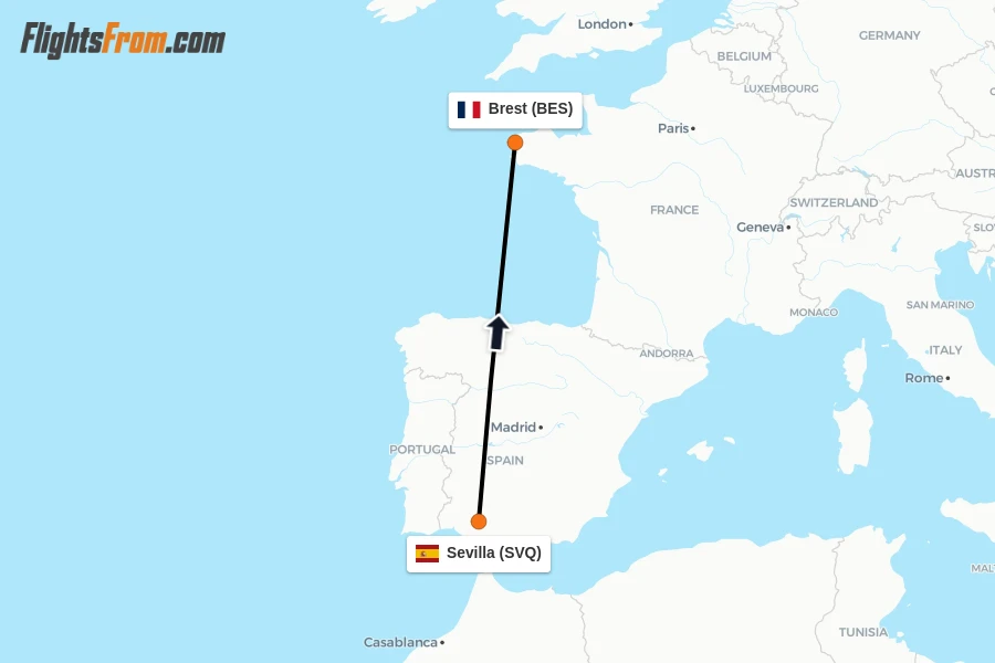 Flights from Sevilla to Brest route map
