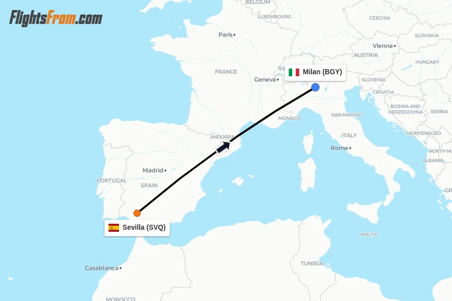 Flights from Sevilla to Milan route map