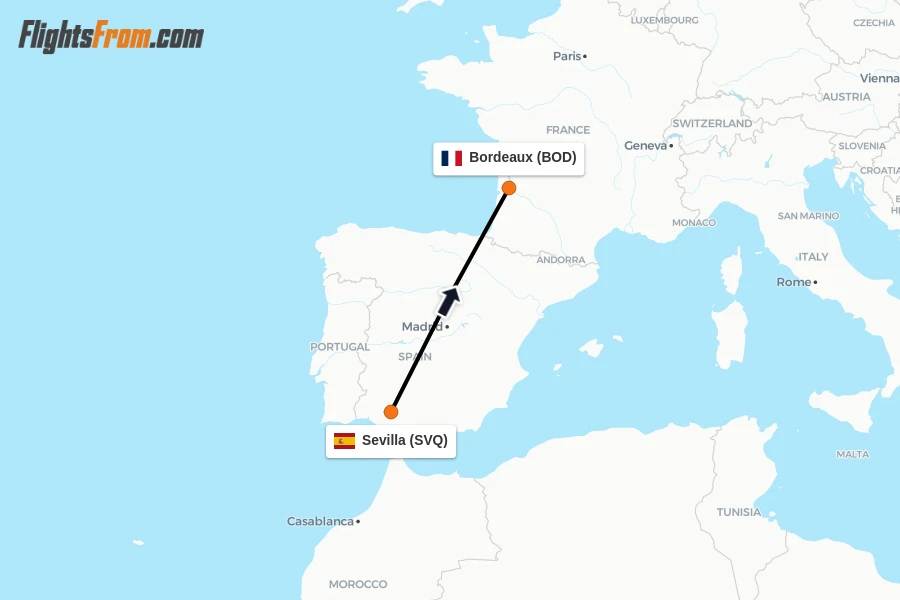 Flights from Sevilla to Bordeaux route map