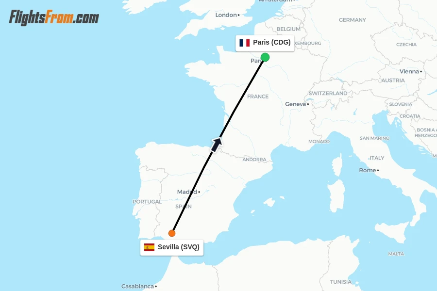 Flights from Sevilla to Paris route map