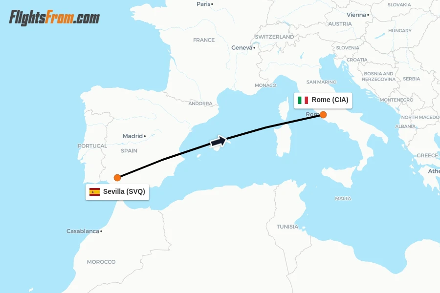 Flights from Sevilla to Rome route map