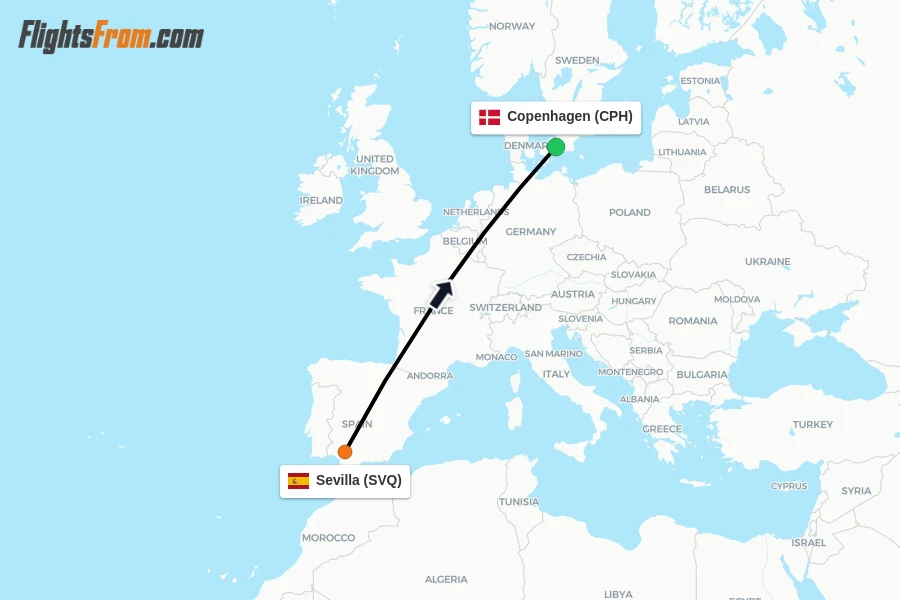 Flights from Sevilla to Copenhagen route map