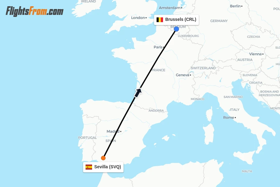 Flights from Sevilla to Brussels route map