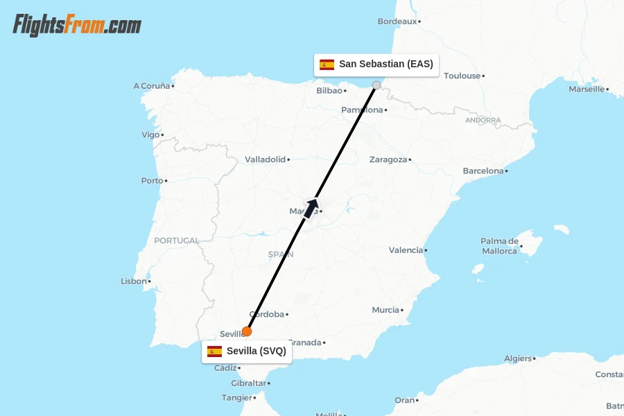 Flights from Sevilla to San Sebastian route map