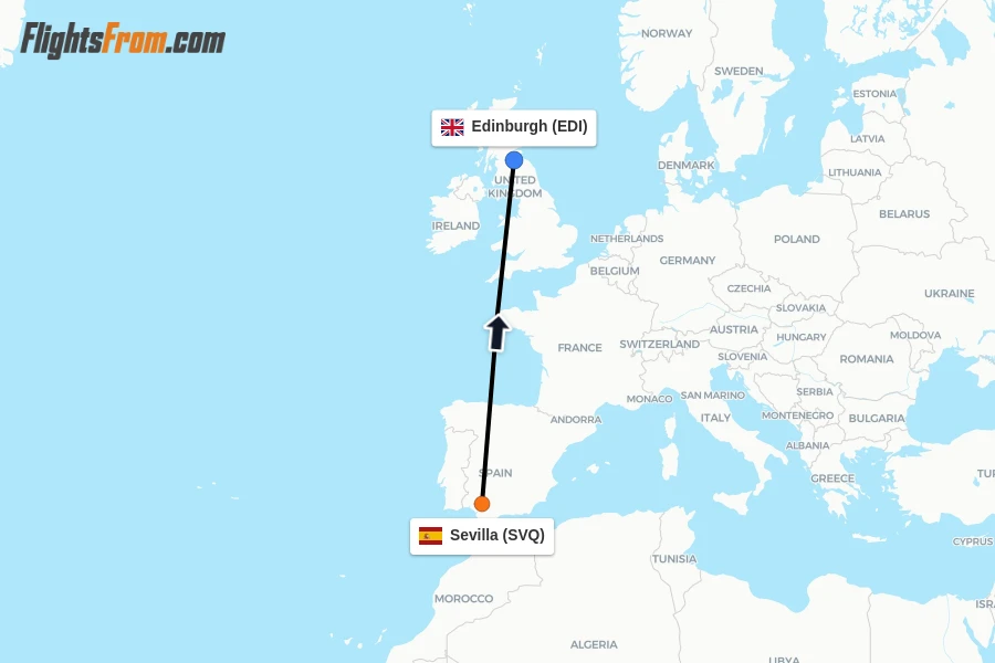 Flights from Sevilla to Edinburgh route map