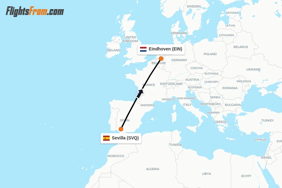 Flights from Sevilla to Eindhoven route map