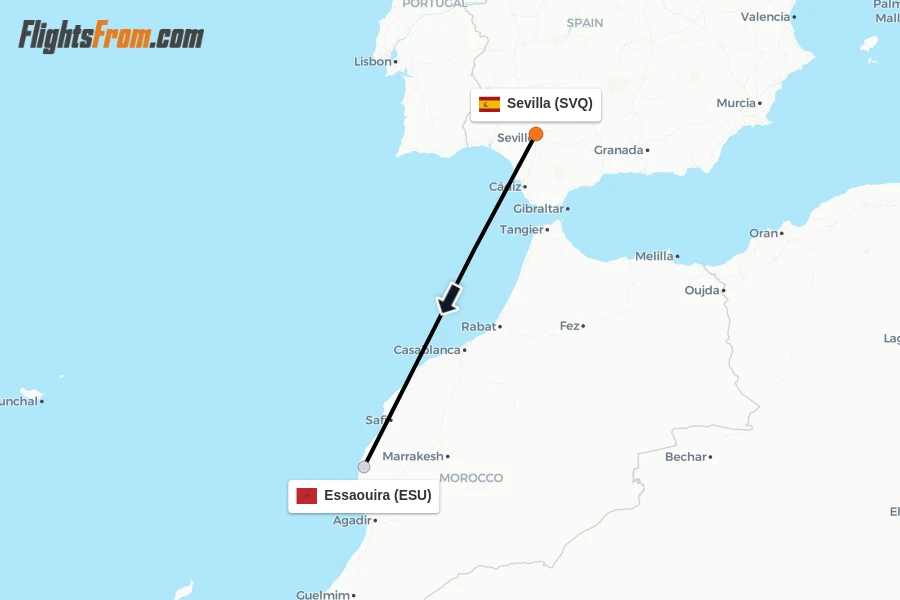 Flights from Sevilla to Essaouira route map
