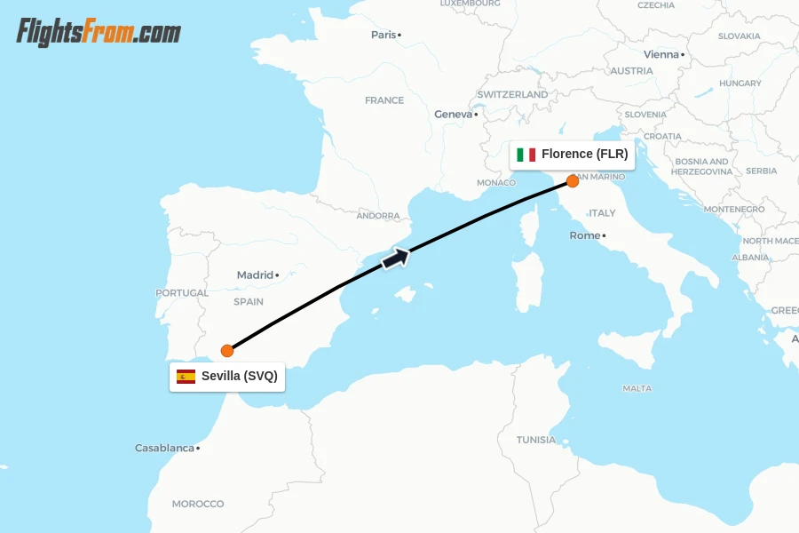Flights from Sevilla to Florence route map