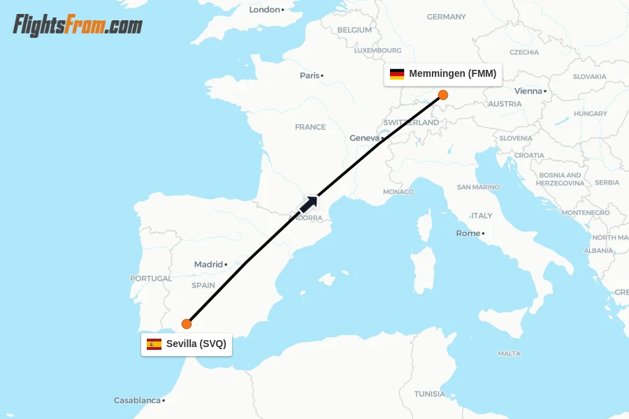 Flights from Sevilla to Memmingen route map