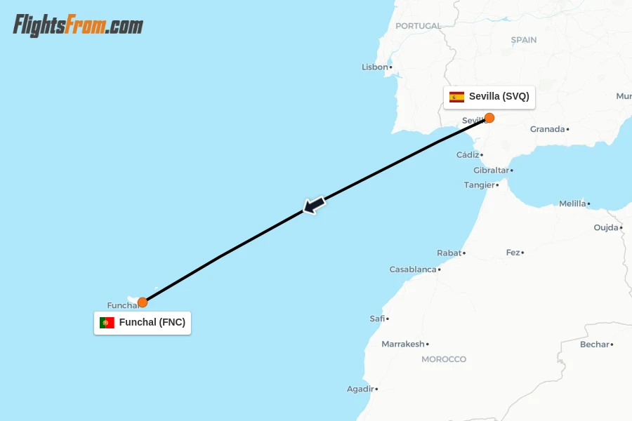 Flights from Sevilla to Funchal route map