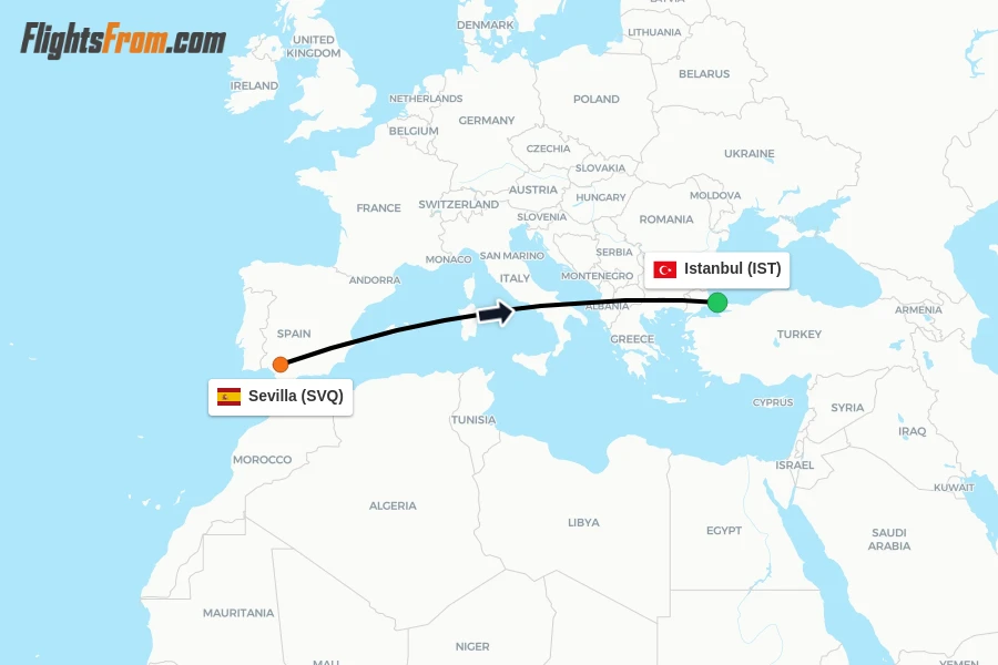 Flights from Sevilla to Istanbul route map
