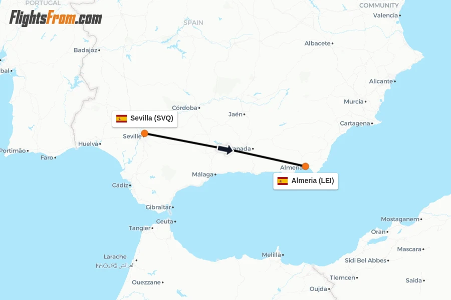 Flights from Sevilla to Almeria route map