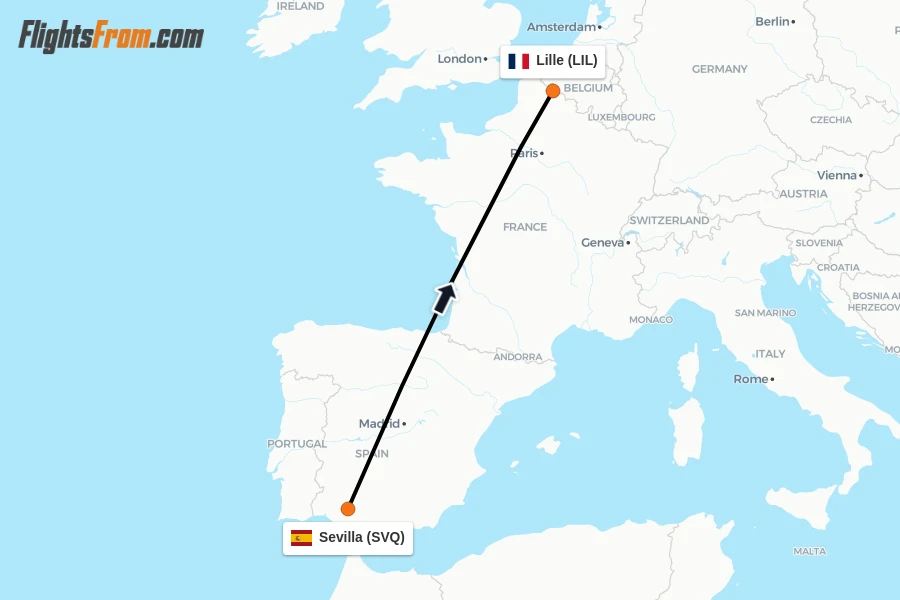 Flights from Sevilla to Lille route map