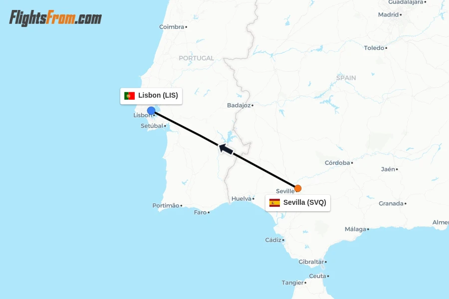 Flights from Sevilla to Lisbon route map