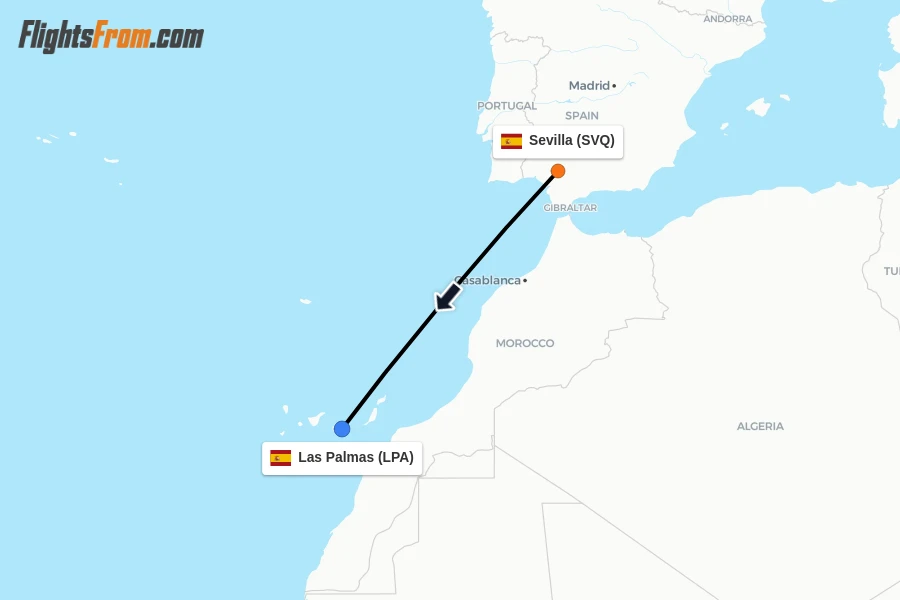 Flights from Sevilla to Las Palmas route map