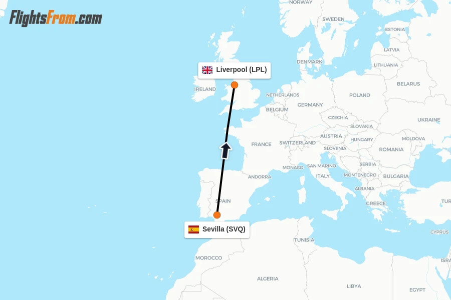 Flights from Sevilla to Liverpool route map
