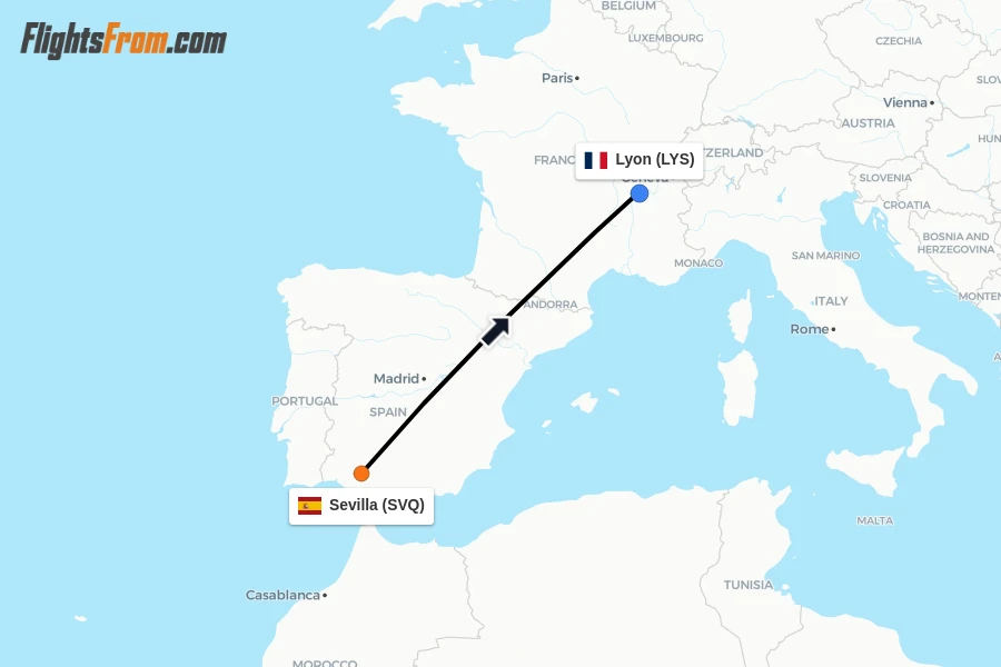 Flights from Sevilla to Lyon route map