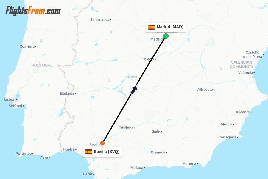 Flights from Sevilla to Madrid route map