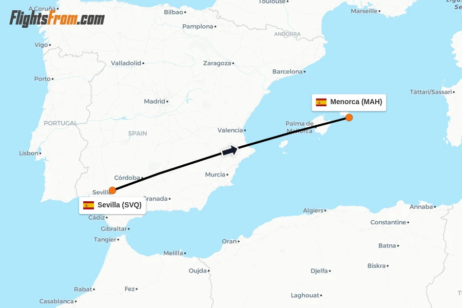 Flights from Sevilla to Menorca route map