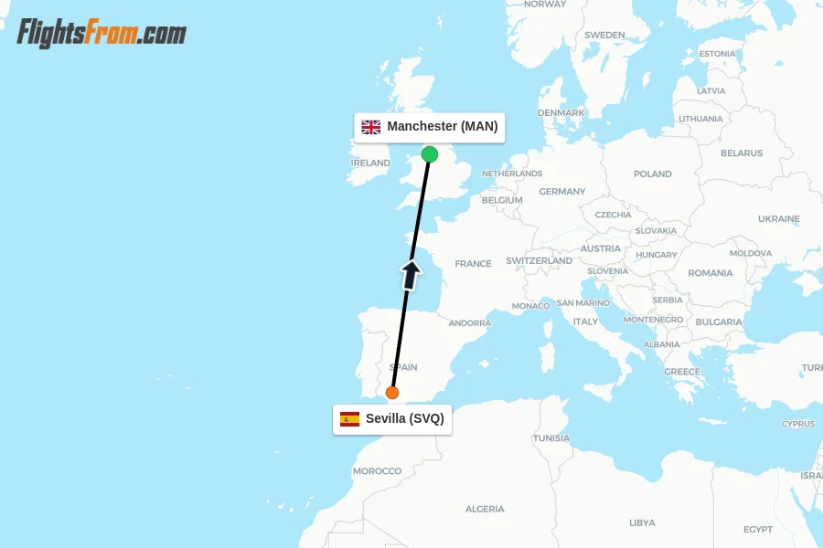 Flights from Sevilla to Manchester route map