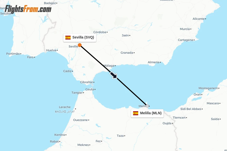 Flights from Sevilla to Melilla route map
