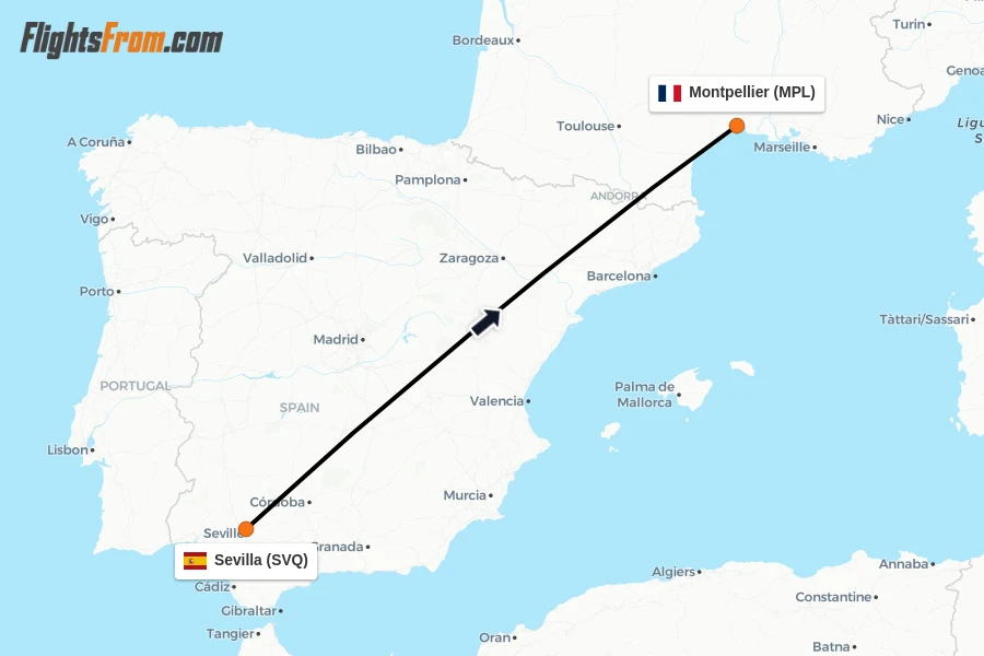 Flights from Sevilla to Montpellier route map