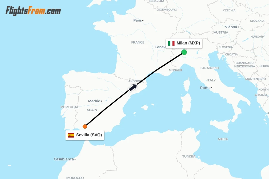 Flights from Sevilla to Milan route map