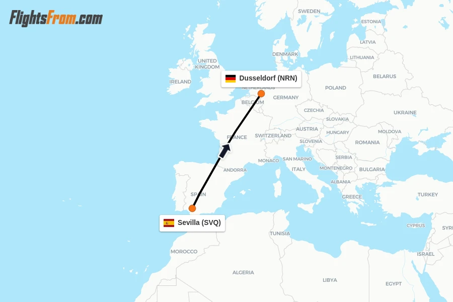 Flights from Sevilla to Dusseldorf route map