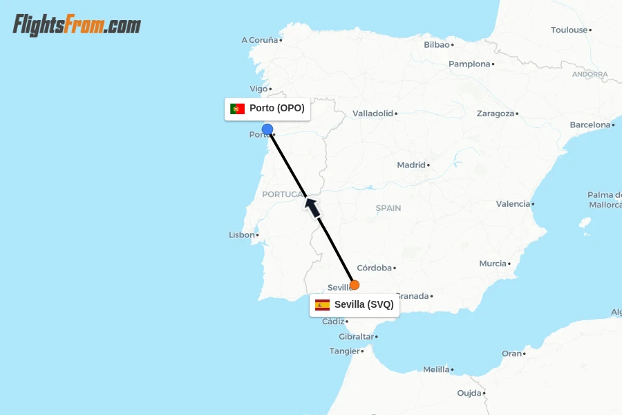 Flights from Sevilla to Porto route map