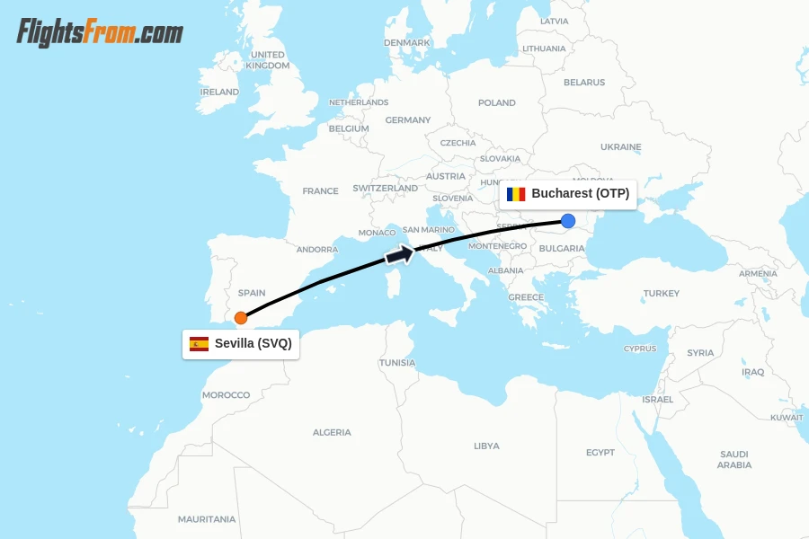 Flights from Sevilla to Bucharest route map