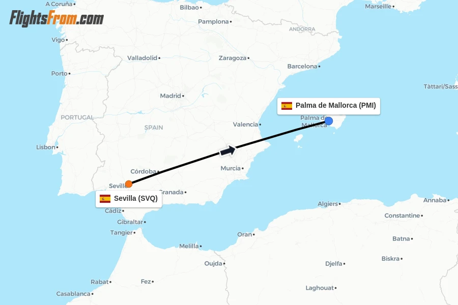 Flights from Sevilla to Palma de Mallorca route map