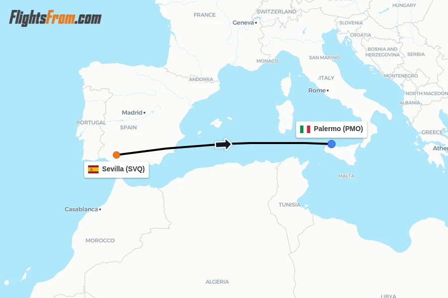 Flights from Sevilla to Palermo route map