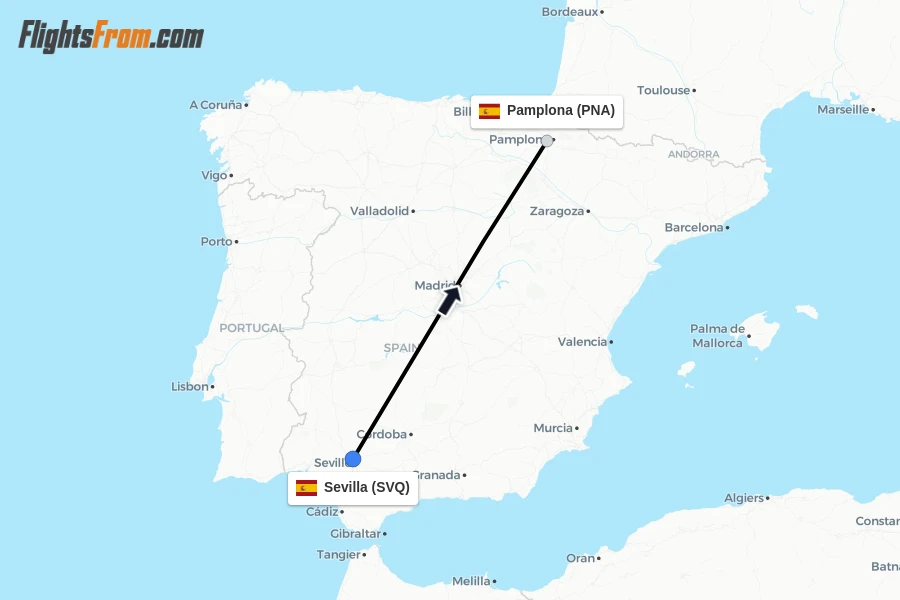 Flights from Sevilla to Pamplona route map