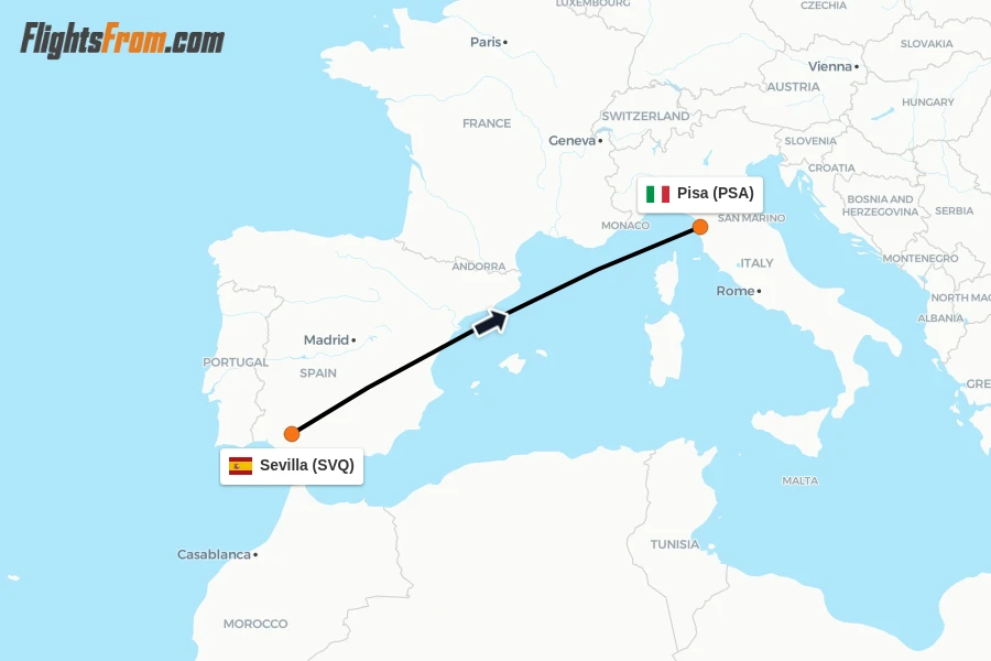 Flights from Sevilla to Pisa route map