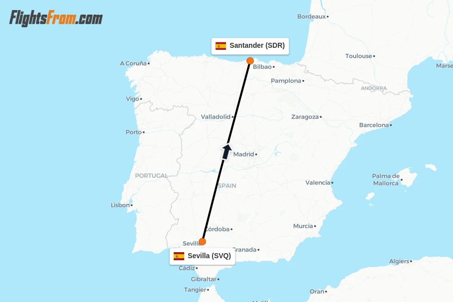 Flights from Sevilla to Santander route map