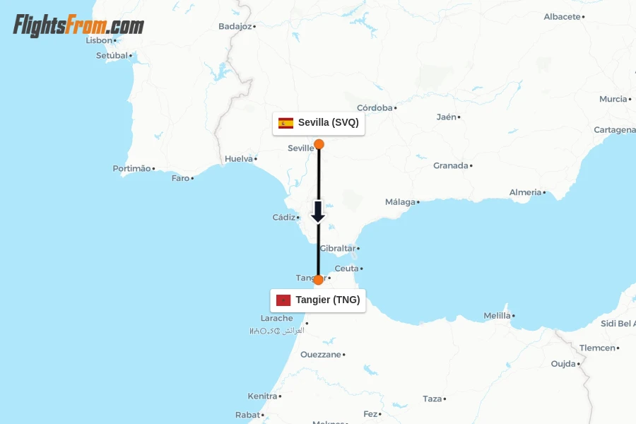 Flights from Sevilla to Tangier route map