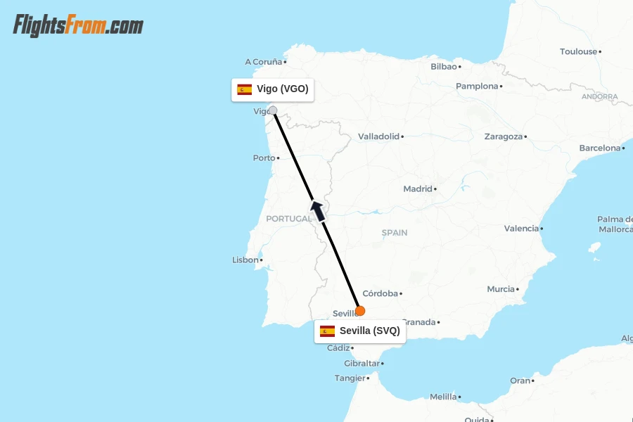 Flights from Sevilla to Vigo route map