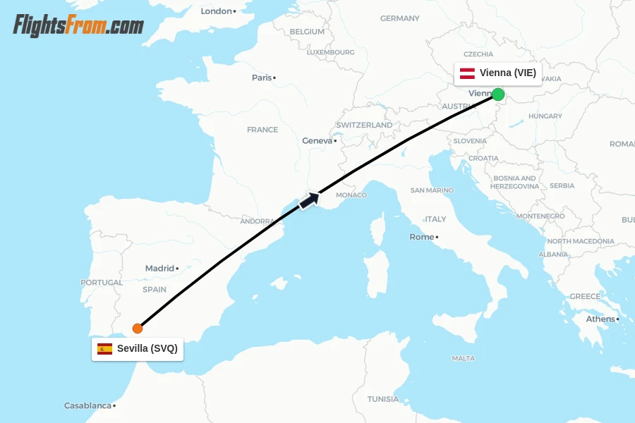 Flights from Sevilla to Vienna route map