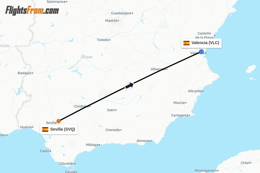 Flights from Sevilla to Valencia route map