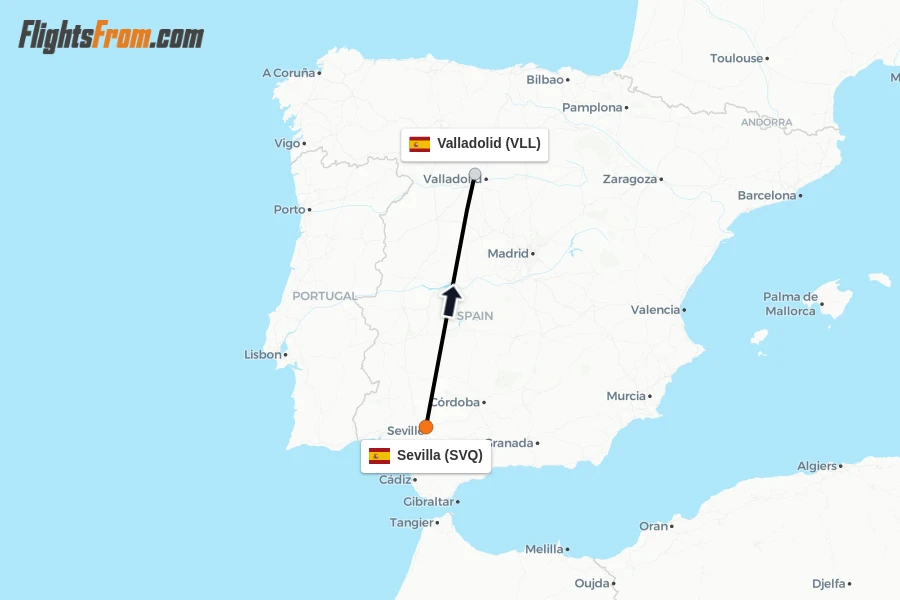 Flights from Sevilla to Valladolid route map