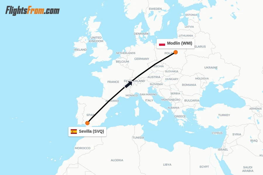 Flights from Sevilla to Modlin route map
