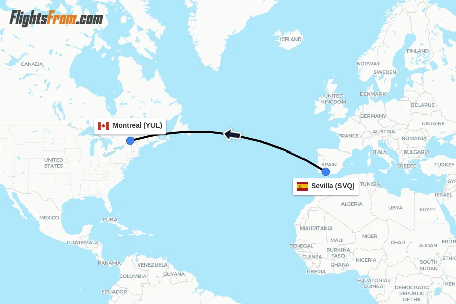 Flights from Sevilla to Montreal route map