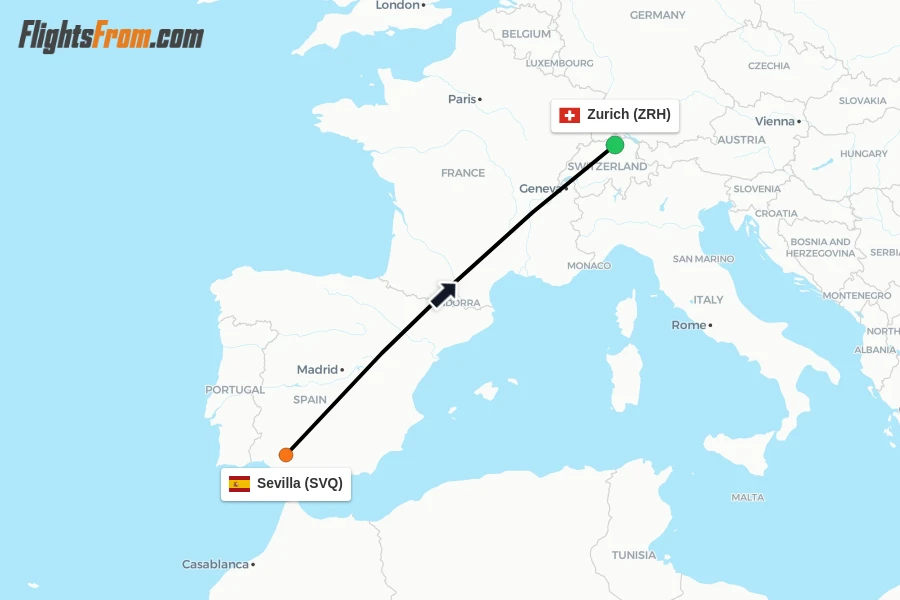 Flights from Sevilla to Zurich route map