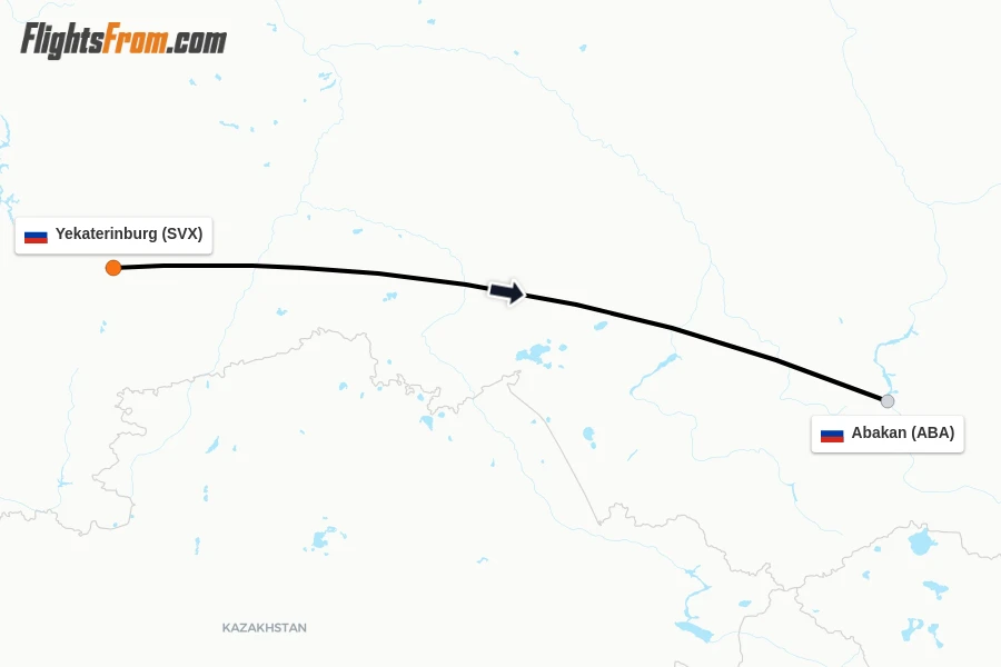 Flights from Yekaterinburg to Abakan route map