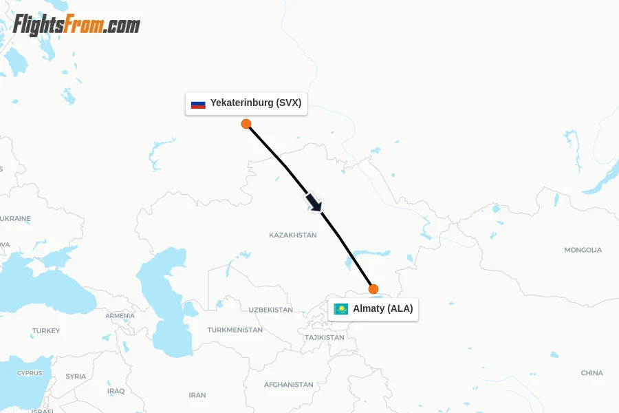 Flights from Yekaterinburg to Almaty route map