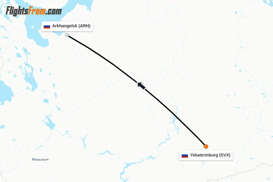 Flights from Yekaterinburg to Arkhangelsk route map
