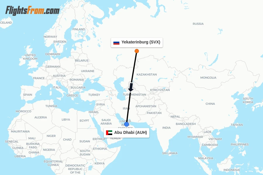 Flights from Yekaterinburg to Abu Dhabi route map
