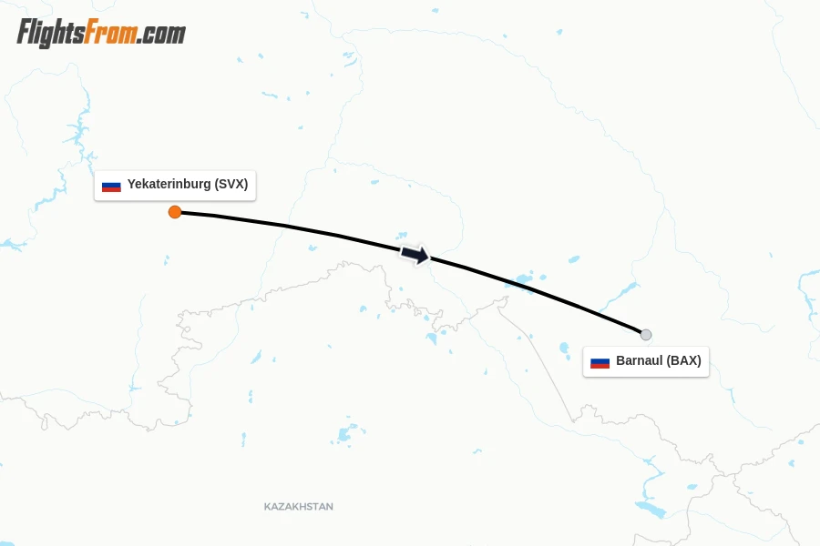 Flights from Yekaterinburg to Barnaul route map